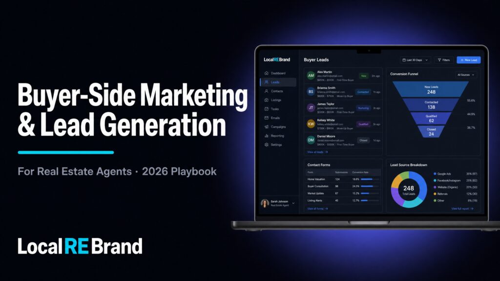 Real estate CRM dashboard showing buyer leads, conversion funnel, and lead source breakdown