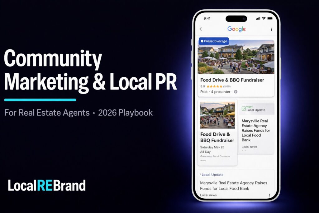 Smartphone showing local community event and press coverage for a real estate agent