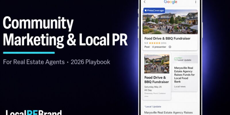 Smartphone showing local community event and press coverage for a real estate agent