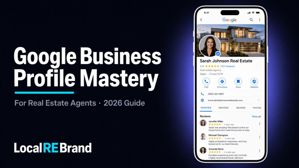 Google Business Profile dashboard for a real estate agent showing 4.9 star rating and local SEO rankings