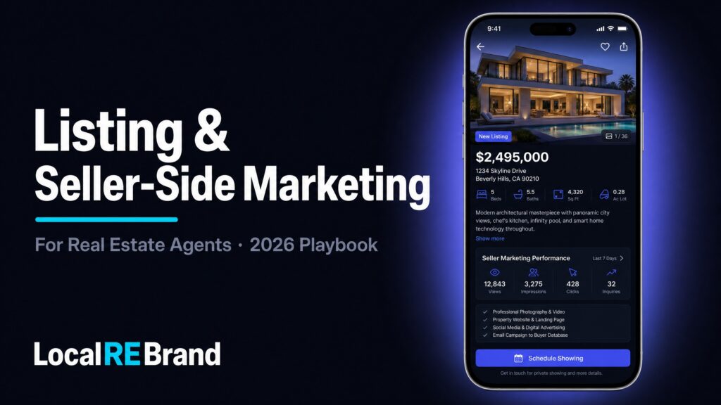 Smartphone showing a luxury home listing with seller marketing performance stats