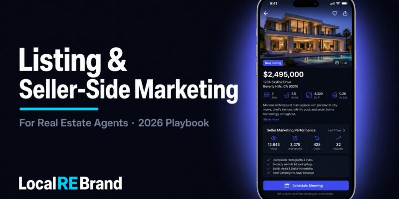 Smartphone showing a luxury home listing with seller marketing performance stats