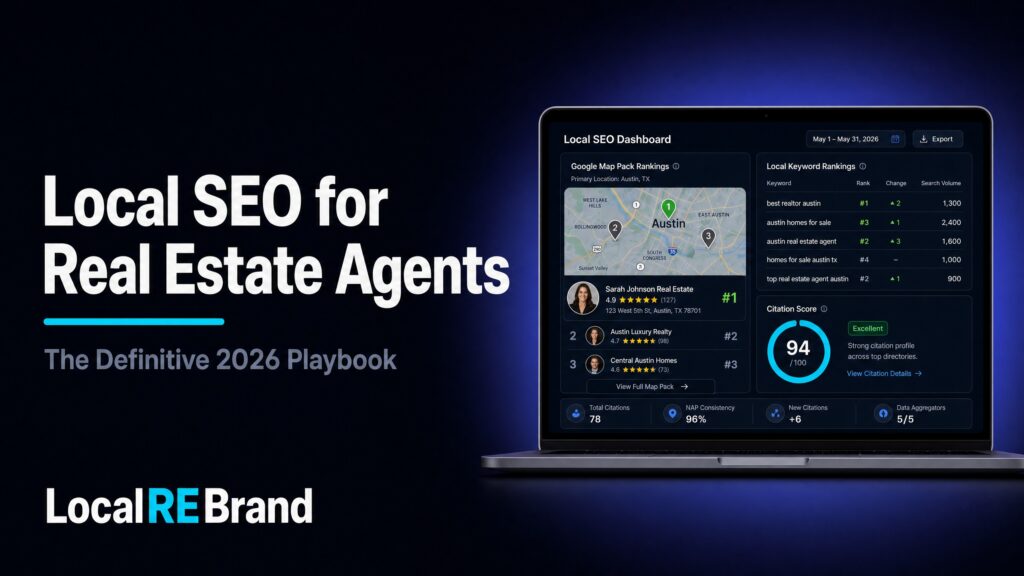 Local SEO dashboard showing Google Map Pack rankings, local keyword positions, and citation score of 94