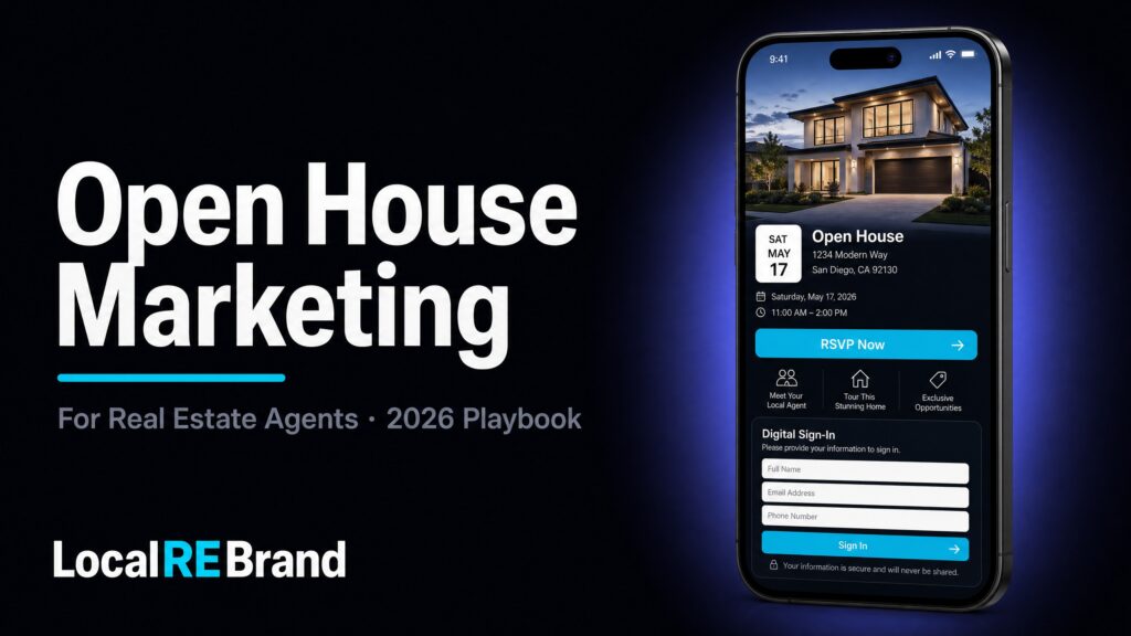 Smartphone showing an open house event listing with RSVP button and digital sign-in form