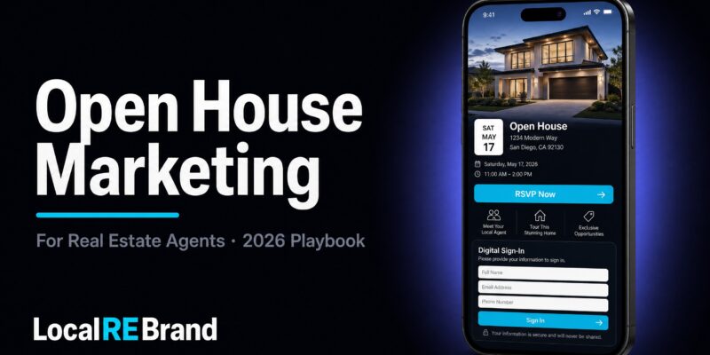 Smartphone showing an open house event listing with RSVP button and digital sign-in form