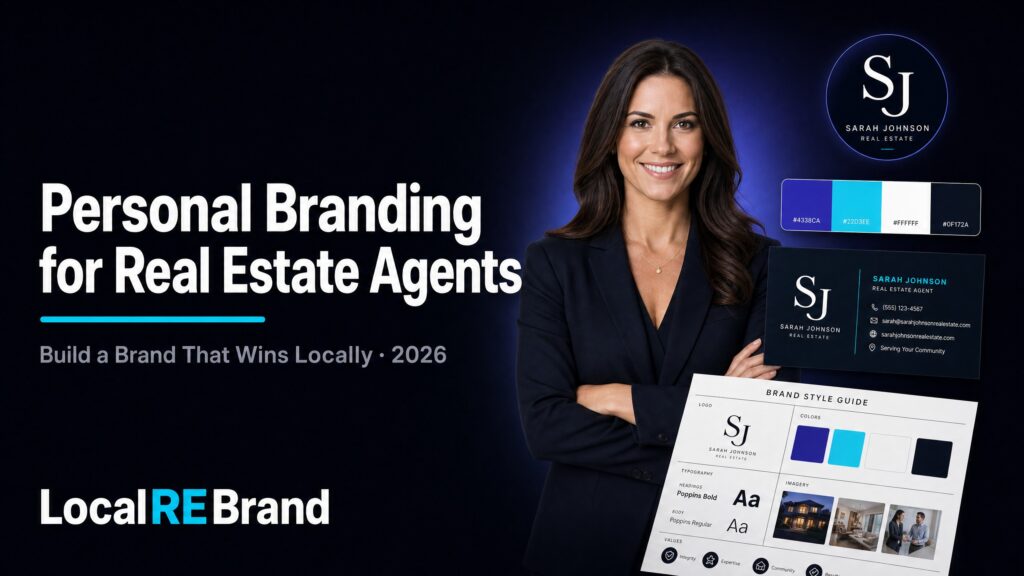 Real estate agent professional headshot alongside brand identity elements including logo and color palette