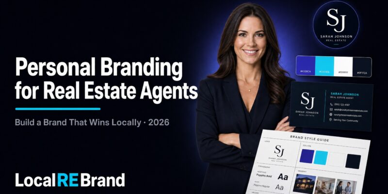 Real estate agent professional headshot alongside brand identity elements including logo and color palette