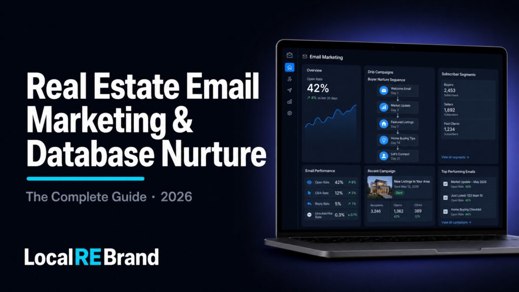 Email marketing dashboard showing 42% open rate, drip campaign sequence, and subscriber segments