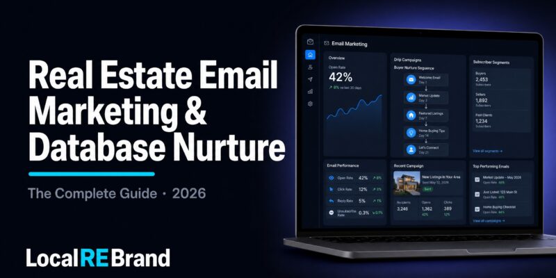 Email marketing dashboard showing 42% open rate, drip campaign sequence, and subscriber segments
