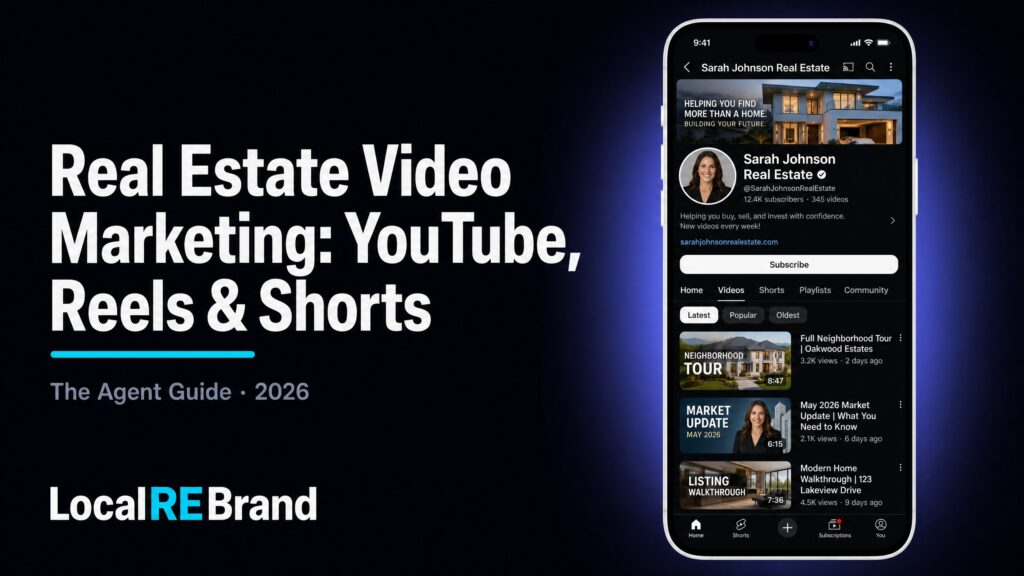 YouTube channel for a real estate agent showing subscriber count, video thumbnails, and view counts