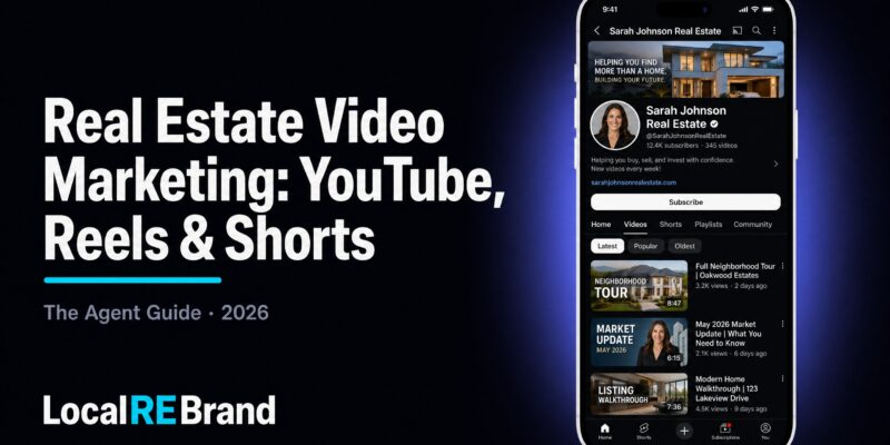 YouTube channel for a real estate agent showing subscriber count, video thumbnails, and view counts